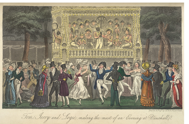 outdoor evening scene with people in early 19th-century costume dancing in front of a bandstand
