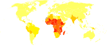 Disability-adjusted life year for tropical diseases per 100,000 inhabitants. These include trypanosomiasis, chagas disease, schistosomiasis, leishmaniasis, lymphatic filariasis, onchocerciasis.
.mw-parser-output .refbegin{font-size:90%;margin-bottom:0.5em}.mw-parser-output .refbegin-hanging-indents>ul{margin-left:0}.mw-parser-output .refbegin-hanging-indents>ul>li{margin-left:0;padding-left:3.2em;text-indent:-3.2em}.mw-parser-output .refbegin-hanging-indents ul,.mw-parser-output .refbegin-hanging-indents ul li{list-style:none}@media(max-width:720px){.mw-parser-output .refbegin-hanging-indents>ul>li{padding-left:1.6em;text-indent:-1.6em}}.mw-parser-output .refbegin-columns{margin-top:0.3em}.mw-parser-output .refbegin-columns ul{margin-top:0}.mw-parser-output .refbegin-columns li{page-break-inside:avoid;break-inside:avoid-column}
.mw-parser-output .legend{page-break-inside:avoid;break-inside:avoid-column}.mw-parser-output .legend-color{display:inline-block;min-width:1.25em;height:1.25em;line-height:1.25;margin:1px 0;text-align:center;border:1px solid black;background-color:transparent;color:black}.mw-parser-output .legend-text{}
no data
<=100
100-200
200-300
300-400
400-500
500-600
600-700
700-800
800-900
900-1000
1000-1500
>=1500 Tropical-cluster diseases world map - DALY - WHO2002.svg