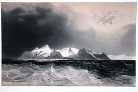 La isla Elefante según un grabado de la 2.ª Expedición Antártica Francesa, comandada por Jules Dumont d'Urville (1837-1840)