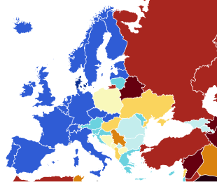 Map of 2023 V-Dem Electoral Democracy Index for Europe
.mw-parser-output .col-begin{border-collapse:collapse;padding:0;color:inherit;width:100%;border:0;margin:0}.mw-parser-output .col-begin-small{font-size:90%}.mw-parser-output .col-break{vertical-align:top;text-align:left}.mw-parser-output .col-break-2{width:50%}.mw-parser-output .col-break-3{width:33.3%}.mw-parser-output .col-break-4{width:25%}.mw-parser-output .col-break-5{width:20%}@media(max-width:720px){.mw-parser-output .col-begin,.mw-parser-output .col-begin>tbody,.mw-parser-output .col-begin>tbody>tr,.mw-parser-output .col-begin>tbody>tr>td{display:block!important;width:100%!important}.mw-parser-output .col-break{padding-left:0!important}}
0.900-1.000
0.800-0.899
0.700-0.799
0.600-0.699
0.500-0.599
0.400-0.499
0.300-0.399
0.200-0.299
0.100-0.199
0.000-0.099
No data V-Dem Electoral Democracy Index 2023 Europe.svg