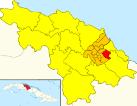 Map of Taguayabón (Red) in Camajuaní (Orange) in Villa Clara (Yellow)