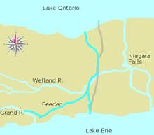 The complete First Welland Canal including the Feeder Canal and the extension to Port Colborne. The present-day canal is marked in pale grey. Welland Canal - First Canal Port Colborne.png