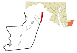 メリーランド州におけるウースター郡（右上図）と同郡におけるオーシャンシティの位置