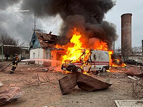 Zolotšivin sairaalan aluetta Venäjän hyökkäyksen jälkeen 15.3.2024. Sotilaallinen isku sairaalaan on sotarikos.