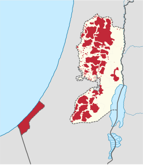 Hartă care prezintă zonele controlate de Autoritatea Palestiniană sau control comun (roșu), începând din 2006.
