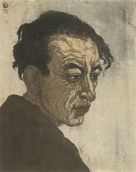 Retrato de Hagiwara Sakutarō, grabado en madera de Onchi Kōshirō, 1943