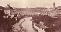 Český Krumlov, řeka Vltava s vory, vpravo Anniwarterovská zahrada (před rokem 1925)