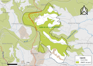 Carte de la ZNIEFF de type 2 de la commune.