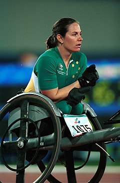 221000 - Athletics wheelchair racing Christie Skelton pre race - 3b - 2000 Sydney race photo.jpg