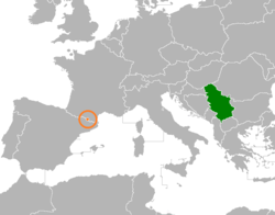 Map indicating locations of Андора and Србија