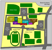 Benet Academy lies on the northwest corner of Maple and Yackley Avenues in Lisle, Illinois. Athletic fields and parking lots surround the building, which is composed of many halls. At the west end is the Large Gym, and next to the Large Gym to the east lies the Small Gym. South of the Small Gym lies St. Martin Hall, and east of the Small Gym lies St. Jude Hall. Southeast of St. Jude Hall lies St. Joseph Hall, and east of St. Jude Hall lies St. Thomas Hall. East of St. Joseph Hall lies Benet Hall, and east of Benet Hall lies St. Daniel Hall. St. Daniel Hall is at the east end of the building.