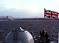 HMS Cardiff anchored outside Port Stanley