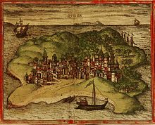 A 1572 depiction of the city of Kilwa, a UNESCO World Heritage Site City of Kilwa, 1572.jpg