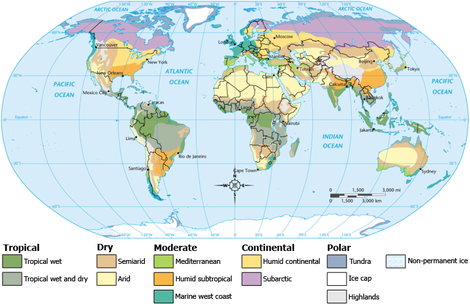 Map of world dividing climate zones, largely influenced by latitude. The zones, going from the equator upward (and downward) are Tropical, Dry, Moderate, Continental and Polar. There are subzones within these zones.