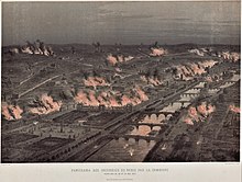 Aerial view of Paris and the Seine. From the foreground to the background, there are about twenty fire starts, of varying size.