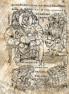 Constantine burning Arian books, illustration from a compendium of canon law, c. 825 Constantine burning Arian books.jpg