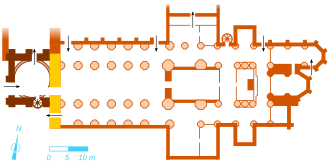 Plan d'une église où les phases de constructions apparaissent de couleurs différentes.