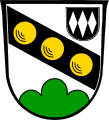 Gemeinde Oberpöring In Silber über einem grünen Dreiberg ein schwarzer Schrägbalken, der mit drei goldenen Kugeln belegt ist, links oben ein schwarzes Schildchen mit drei senkrechten silbernen Rauten.