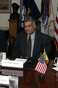 Prime Minister Ranil Wickremesinghe of Sri Lanka meets with Deputy Secretary of Defense Paul Wolfowitz in The Pentagon on 3 November 2003. The leaders are meeting to discuss defence issues of mutual interest. Defense.gov News Photo 031103-D-2987S-069.jpg