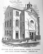 Engraving of the second home of The English High School, 1824. The first building in North America built specifically for a high school. Later renamed Phillips School. Semi-Centennial History of The English High School. Boston. May 2, 1871.