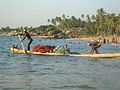 going out on wooden catamaran boat, Leela/ Samudra beach