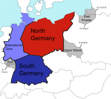 Map Cynllun Morgenthau:      Gogledd yr Almaen      De'r Almaen      Parth Ryngwladol      Tiriogaeth a gollwyd gan yr Almaen (Saarland i Ffrainc, Silesia Uchaf i Wlad Pwyl, Dwyrain Prwsia, rhannu rhwng Gwlad Pwyl a'r Undeb Sofietaidd)