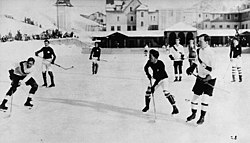 Ice hockey in Europe; Oxford University vs. Switzerland, 1922. Future Canadian Prime Minister Lester Pearson is at right front.