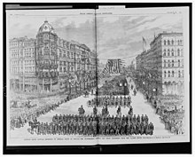 Chicago procession Illinois-Grand popular reception to General Grant at Chicago-The ex-president reviewing the great procession from the Palmer House - from sketches by A. Berghaus. LCCN2001695510.jpg