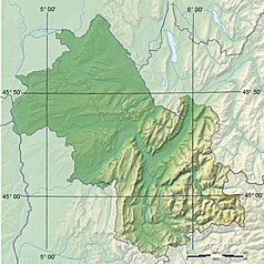 Mapa konturowa Isère, na dole nieco na prawo znajduje się owalna plamka nieco zaostrzona i wystająca na lewo w swoim dolnym rogu z opisem „Wielkie Jezioro Laffrey”