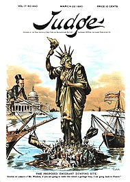 Anti-immigrant cartoon expressing opposition to the construction of Ellis Island (Judge, March 22, 1890)
"Mr. Windom, if you are going to make this island a garbage heap, I am returning to France" JudgeMagazine22Mar1890.jpg