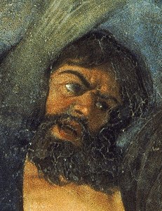 détail d'une peinture montrant le visage d'un homme brun et barbu.