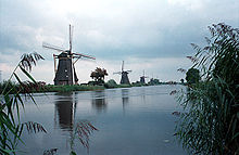 Типичная голландская сцена с ветряными мельницами у кромки воды