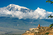 The 7th-century Khor Virap monastery in the shadow of Mount Ararat; Armenia was the first state to adopt Christianity as the state religion in the early 4th century AD. Kohrvirab.jpg