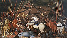 La défaite du camp siennois illustrée par la mise hors de combat de Bernardino della Ciarda, (~1456) détrempe sur bois de 3,23 × 1,80 m (Galerie des Offices, Florence)