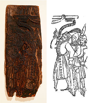 To the left, a woodblock; to the right, a print made from the woodblock. In the print, three figures on the left look up at an arm on a crucifix. The right side of the print is obscured. The foremost figure speaks via a ribbon emanating from his mouth; he says in Latin: "Vere filius Dei erat iste".