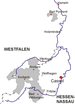 Peta Waldeck, yang memperlihatkan perbatasan antara Westphalia dan Hesse-Nassau
