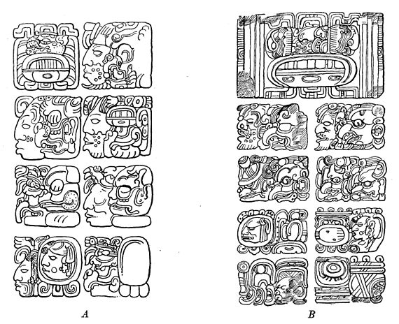 Fig. 69. Initial Series showing head-variant numerals and period glyphs: A, House C of the Palace Group at Palenque; B, Stela P at Copan.