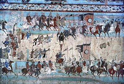 A late Tang mural commemorating the victory of General Zhang Yichao over the Tibetans in 848 AD, from Mogao cave 156 Mogao Cave 156 battle.jpg