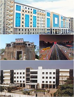 ऊपर से दक्षिणावर्त : ज़िला सरकारी अस्पताल, निज़ामाबाद जंक्शन रेलवे स्टेशन, ज़िला न्यायालय, निज़ामाबाद दुर्ग