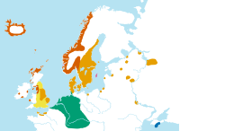 The approximate extent of Old Norse and related languages in the early 10th century:
.mw-parser-output .legend{page-break-inside:avoid;break-inside:avoid-column}.mw-parser-output .legend-color{display:inline-block;min-width:1.25em;height:1.25em;line-height:1.25;margin:1px 0;text-align:center;border:1px solid black;background-color:transparent;color:black}.mw-parser-output .legend-text{}
Old West Norse dialect
Old East Norse dialect
Old Gutnish dialect
Old English
Crimean Gothic
Other Germanic languages with which Old Norse still retained some mutual intelligibility Old norse, ca 900.svg