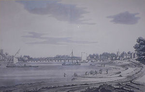 Putney Bridge, 1793, by J. Farington, a square-rigged 'West Country' barge, fishermen netting for salmon and erosion of the riverbank. Putney Bridge London 1793.jpg