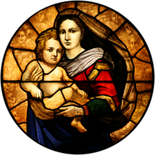 Stained glass depiction of Madonna and Child, St. John's Anglican Church, Ashfield, New South Wales, Australia StJohnsAshfield StainedGlass MaryJesus.png
