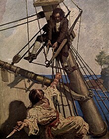 Painted illustration by Newell Convers Wyeth from a 1911 edition of Treasure Island. Jim Hawkins points two flintlock pistols at the knife-wielding pirate Israel Hands while both are climbing the rigging.