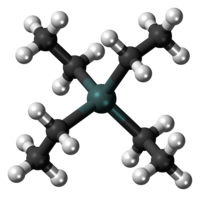 Stick-and-ball model of the tetraethyllead molecule