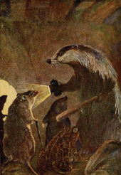 Badger, Ratty, Mole, and Mr. Toad from the 1913 edition of Kenneth Grahame's 1908 novel The Wind in the Willows The Wind in the Willows.PNG