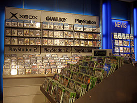 A typical retail display (in Geneva, Switzerland) with a large selection of games for several major consoles