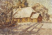 Haus ‘Braki’ des Dichters Rūdolfs Blaumanis im Winter Monotypie, 43 × 61 cm, 1971