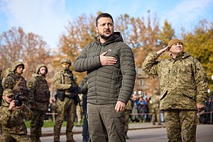 Ukrainian President Volodymyr Zelensky, participating in reraising the Ukrainian flag while visiting liberated Kherson, on 14 November 2022 Volodymyr Zelenskyy took part in hoisting the State Flag of Ukraine in liberated Kherson. (52502054830).jpg