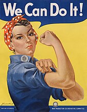 Geraldine Hoff Doyle claimed to have been the inspiration for the "We Can Do It!" poster, achieving fame and honors when her statement - likely false - was repeated without confirmation. We Can Do It! NARA 535413 - Restoration 2.jpg