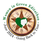 WikiProject Women in Green Back in Time logo: a silhouette of a woman's face set against a green background, in front of a clock face.